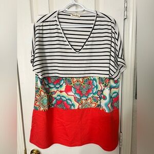 NWOT Southern Stitch & Floral Top Navy Blue & White Stripes